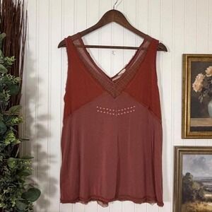 POL Rust Boho Sleeveless Tank Top Mesh Trim Size Medium